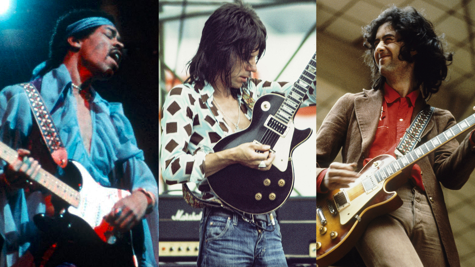 LEFT: Jimi Hendrix onstage in NYC, August 14, 1970. CENTER: Jeff Beck performs on stage at Korakuen Baseball Stadium in Tokyo, Japan, August 1975. RIGHT: Jimmy Page of Led Zeppelin performs on stage at Oude Rai on 27th May 1972 in Amsterdam, Netherlands 