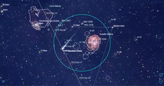 The best close encounter for this comet's passage will occur on Sept. 26, when the object will pass several degrees to the left of the bright and spectacular Rosette Nebula in Monoceros. A wider-field photograph will also capture the Christmas Tree Cluster and nebulosity that surround the star designated 15 Monocerotis. The blue circle represents the field of view of binoculars.
