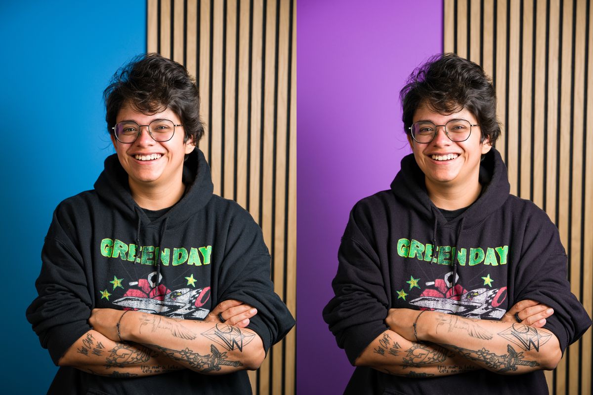 Two portraits side-by-side of Tom's Guide staff writer Nikita Achanta. They are the same photo but in the left the background is blue, on the right purple.