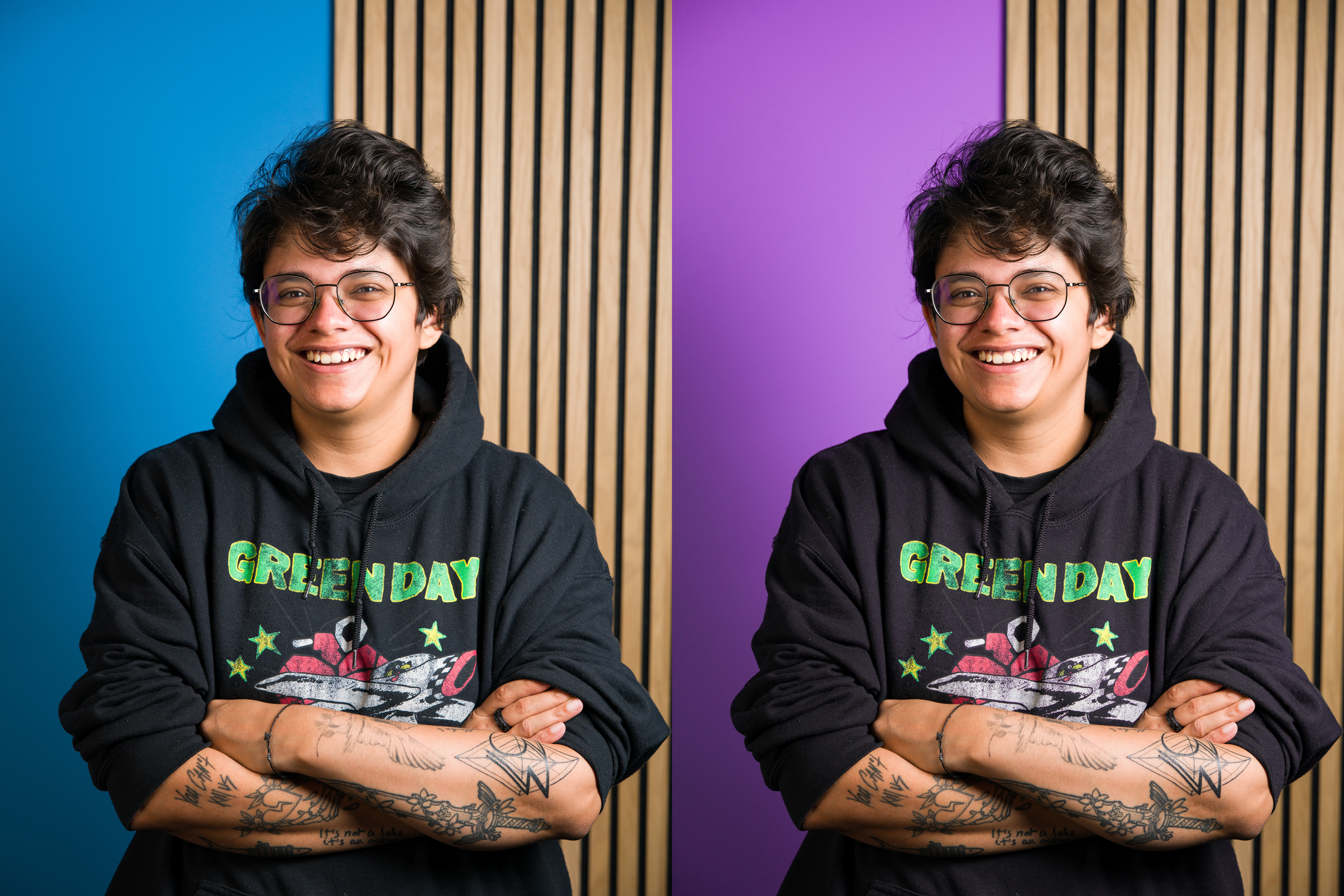 Two portraits side-by-side of Tom&#039;s Guide staff writer Nikita Achanta. They are the same photo but in the left the background is blue, on the right purple.
