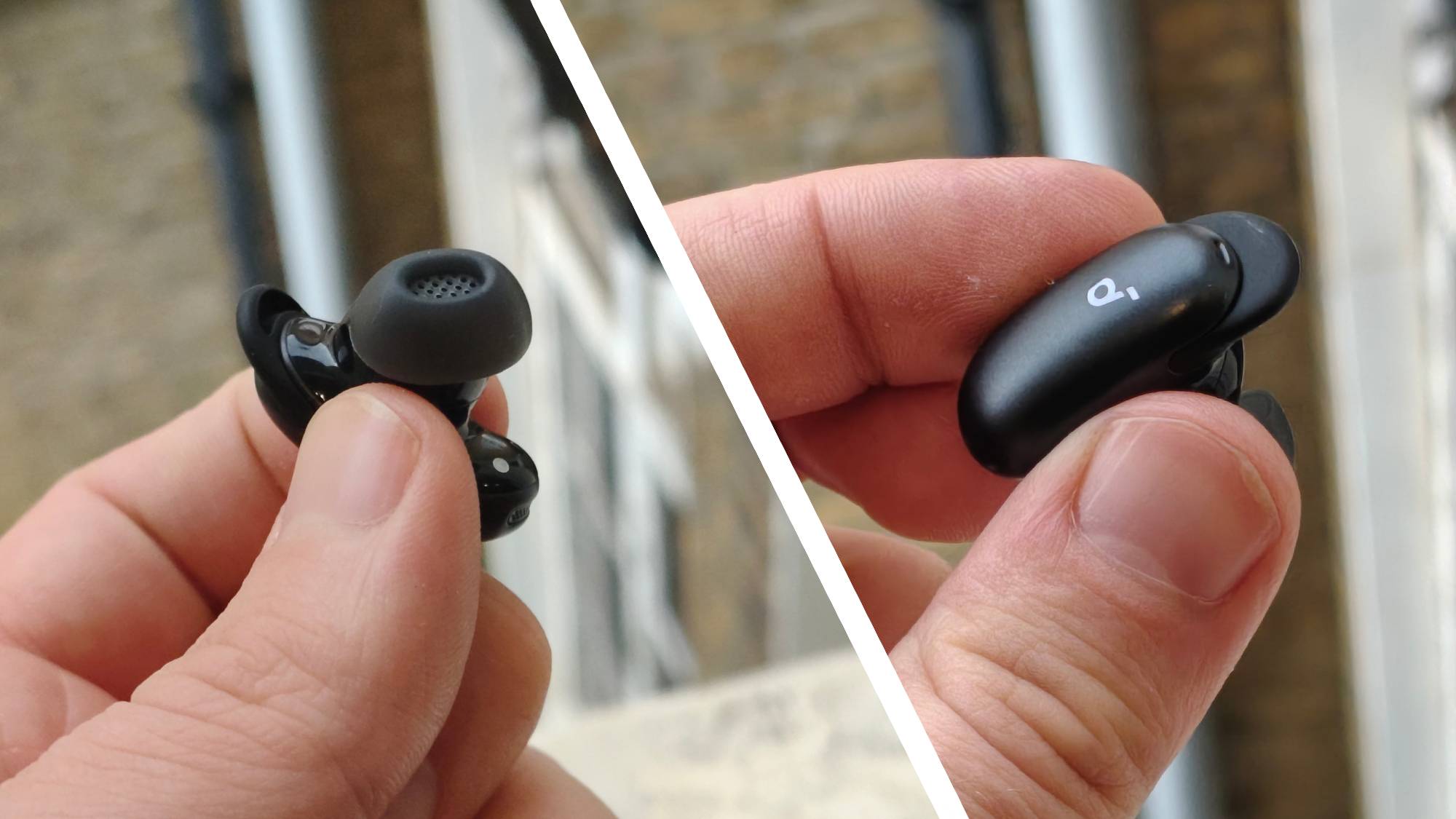 Two pictures of the Soundcore Liberty 5 Pro Max's earbuds, showing its tip and body.