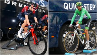 Image shows one rider cycling on rollers and the other on an indoor bike trainer