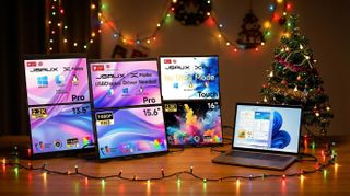 AI Generated Hero image of several JSAUX FlipGo portable dual-screen monitors visualized