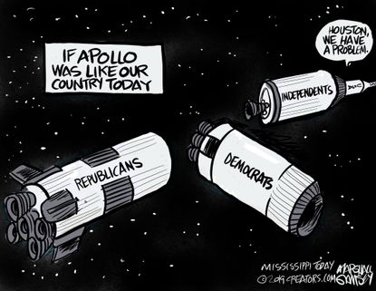 Political Cartoon U.S. Apollo 11 Moon Landing Fractured Country