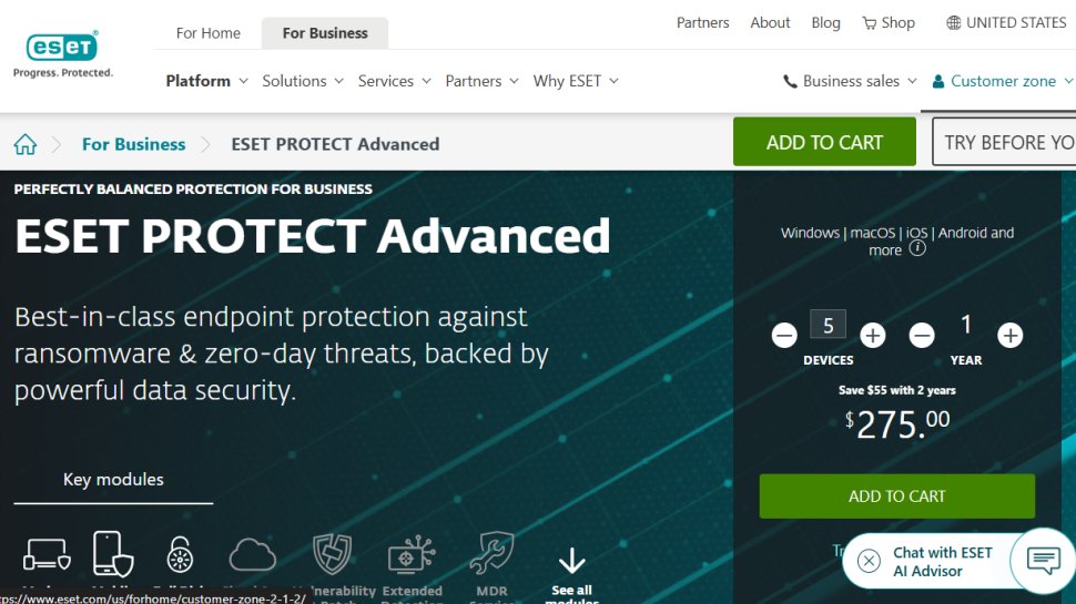 ESET PROTECT Advanced website screenshot (September 2025).