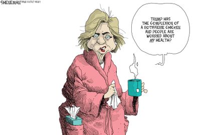 Political cartoon U.S. 2016 election Hillary Clinton health concerns Donald Trump rotisserie chicken complexion