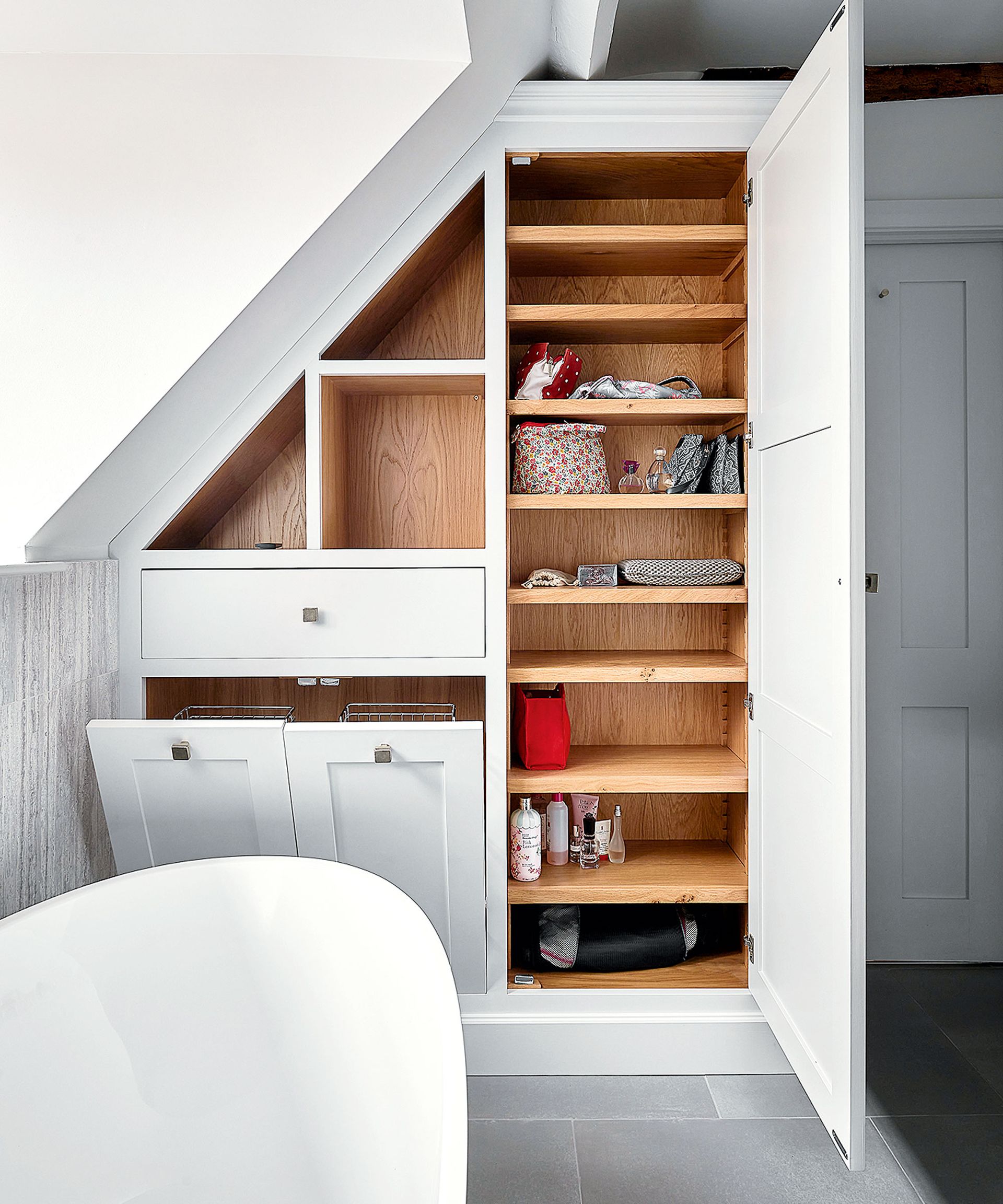 white bathroom with shelves