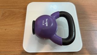 a photo of a kettlebell on the Wyze Scale X