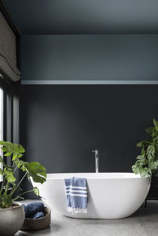 Bathroom painted in blue black with a big freestanding tub, and potted plants