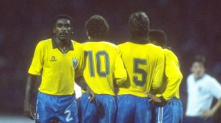 19 May 1987: Josimar (left) of Brazil stands in the wall during a match against England at Wembley Stadium in London. The match ended in a 1-1 draw. \ Mandatory Credit: David Cannon/Allsport