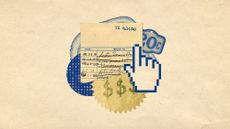 Photo collage of a ripped library card, price tags and a cursor