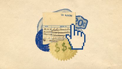 Photo collage of a ripped library card, price tags and a cursor