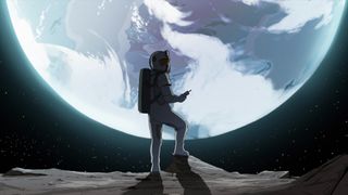 A lone figure in a spacesuit looking out at another planet in Scavengers Reign