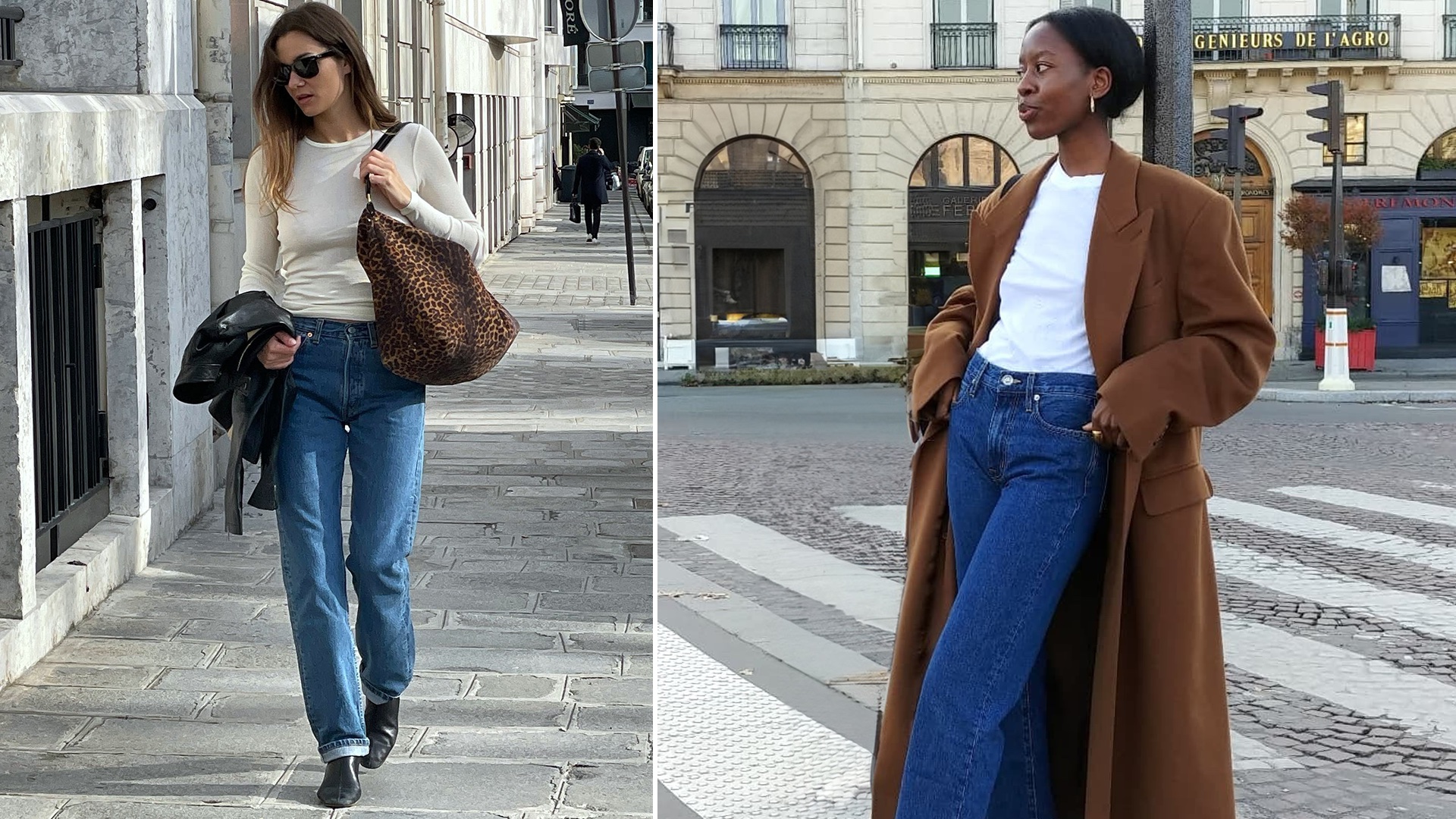 fashion collage featuring two European style influencers Anne-Laure Mais and Sylvie Mus wearing chic outfits for 2026 with pieces like a sheer tee, cuffed jeans, black boots, white T-shirt, long camel coat, and straight-leg jeans