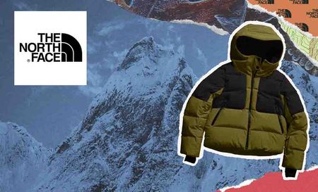 The North Face logo placed over a graphic image of a jacket in. stylised illustration