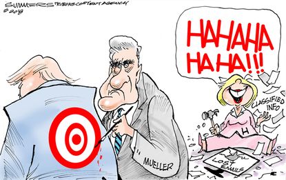 Political cartoon U.S. Trump Russia investigation FBI Mueller Hillary Clinton emails