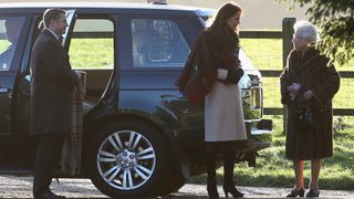 Queen Elizabeth II and Catherine, the Duchess of Cambridge arrive at the Christmas Day service