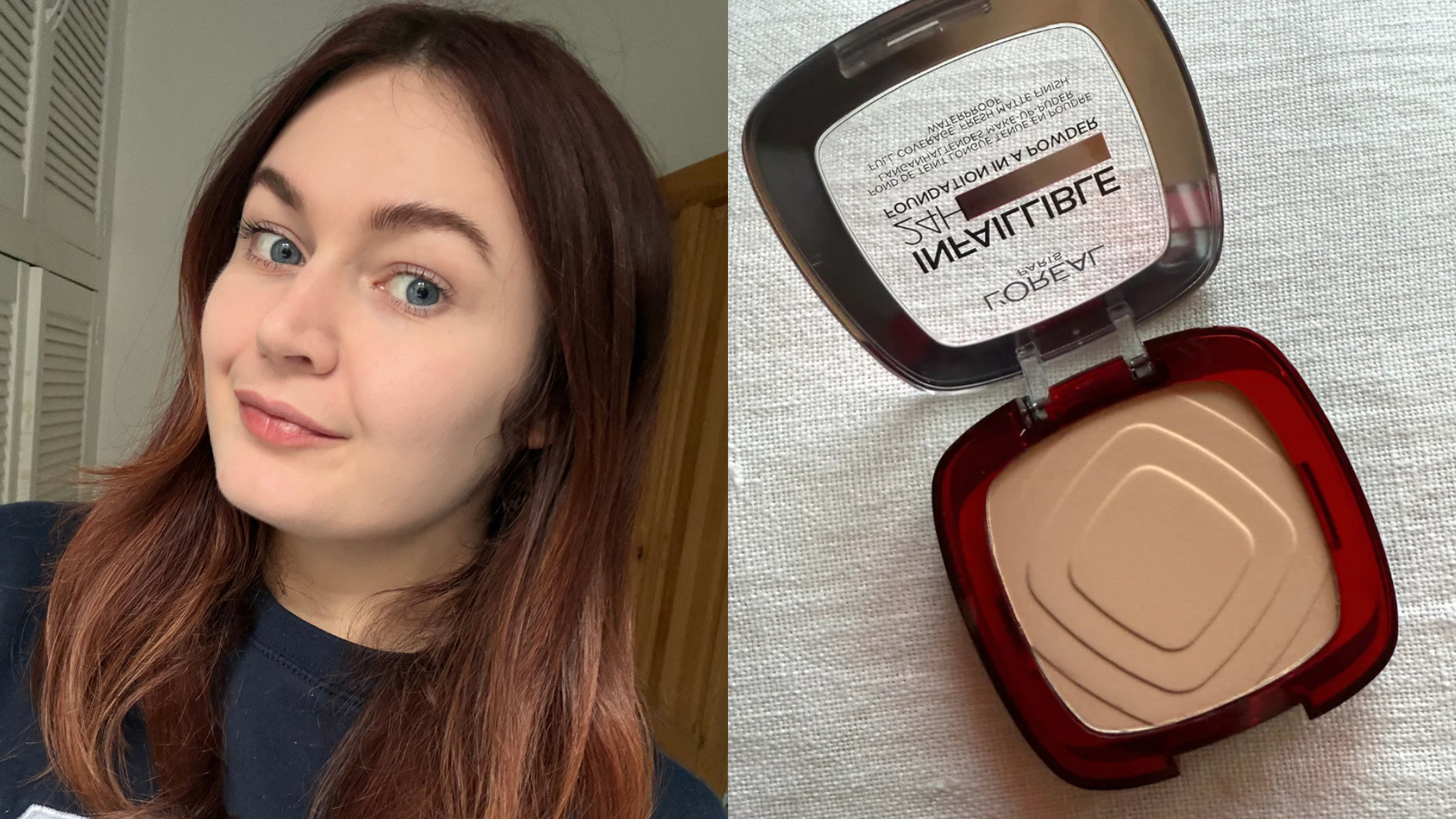 Lucy wearing the LOreal Paris Infallible Powder Foundtion (left) and the open product (right)
