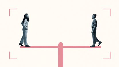 Graphic of two adult woman walking toward each other on level scale, representing how to make friends as an adult
