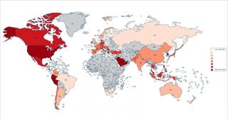 The dark-red countries have reports of high empathy, while countries in light pink have reports of low empathy. The countries in gray were not studied because of small sample sizes.