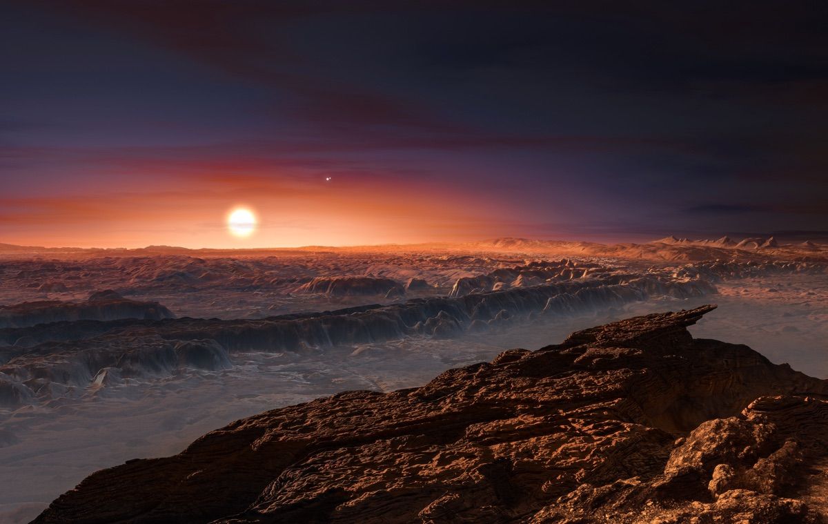 Astronomers have discovered an Earth-like planet, named Proxima b, orbiting the red dwarf star Proxima Centauri, the closest star to the solar system, as seen in this artist’s impression.