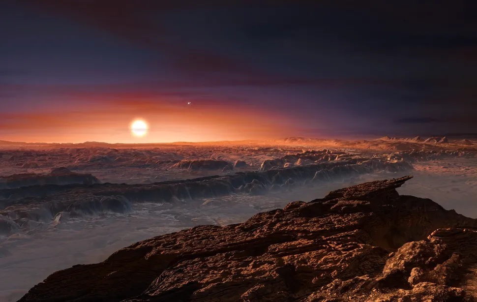 Ilustração artística de Proxima b orbitando sua estrela anã vermelha, Proxima Centauri, a mais próxima do Sol.