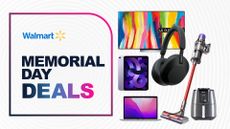 Apple iPad, Apple MacBook Air M1, LG C2 TV, Sony XM5 headphones, Dyson V8 and Ninja AF100 air fryer on a white background next to text reading "Walmart Memorial Day sales"