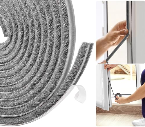 Afaxinrie Draft Excluder for Doors, Draught Excluder for Windows, 5 Meters(l) X 9 Mm(w) X 9mm(t) Self-Adhesive Brush Seal Strip Air Stopper for Door, Window- Grey