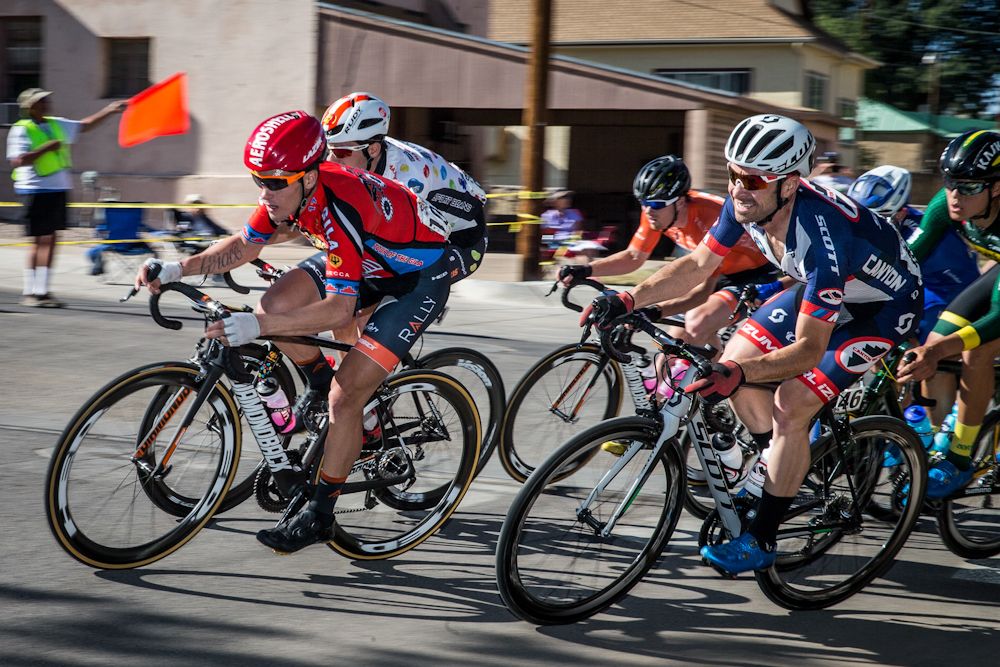 Evan Huffman (Rally) on the front in the leaders jersey.