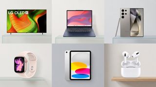 A collage with a TV, laptop, smartphone, iPad, and headphones.
