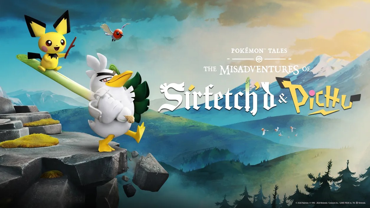 A promotional poster styled after a storybook features Sirfetch'd carrying Pichu on his massive leek lance across a rocky mountain ledge, with the text "Pok&eacute;mon Tales: The Misadventures of Sirfetch'd & Pichu" displayed against a scenic valley background.