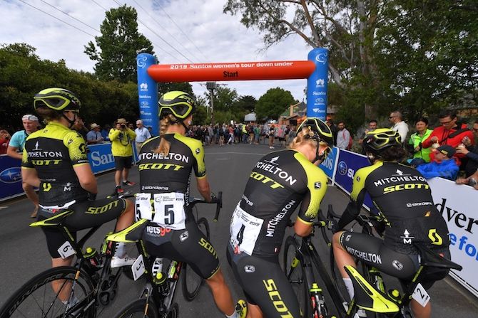 Mitchelton-Scott line up at the start of stage 1 of the 2019 Women's Tour Down Under in Hahndorf, South Australia