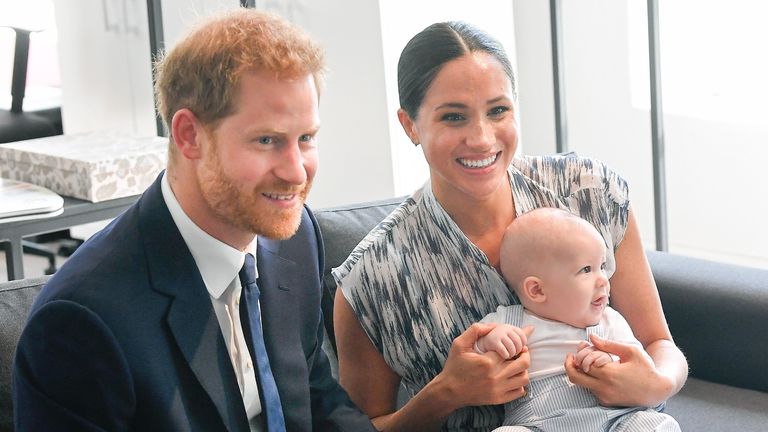 Prince Harry, Duke of Sussex, Meghan, Duchess of Sussex and their baby son Archie Mountbatten-Windsor meet Archbishop Desmond Tutu and his daughter Thandeka Tutu-Gxashe at the Desmond & Leah Tutu Legacy Foundation during their royal tour of South Africa on September 25, 2019 in Cape Town, South Africa