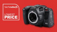 Blackmagic Design Cinema Camera 6K camera on a red background with lowest price text