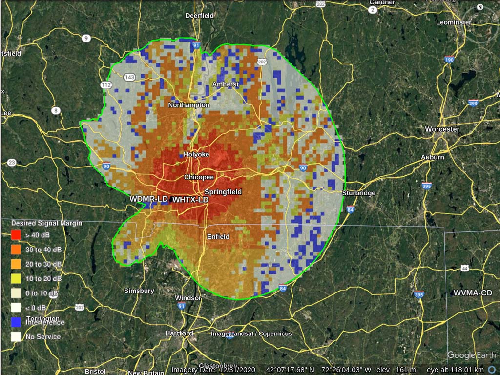 Fig. 1: A KMZ map generated by the TVStudy application, which lets you search for specific stations via an FCC database.