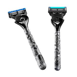 Gillette’s Apollo Collection by Razor Maker men's razor features a 3D-printed handle designed to resemble a moonscape with an Apollo-inspired boot print and NASA insignia.