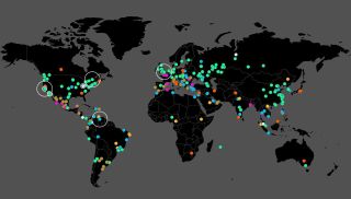 Green dots show active WannaCrypt infections just before noon EDT Monday. Credit: MalwareTech