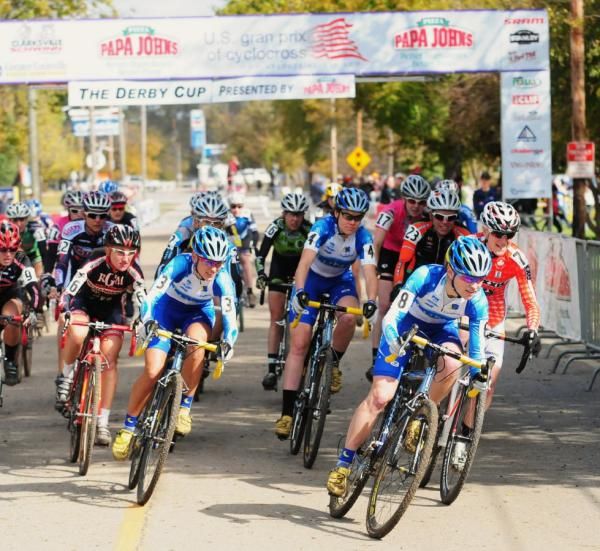 Alison Dunlap (Luna Pro Team) gets the hole shot after practicing starts before the race