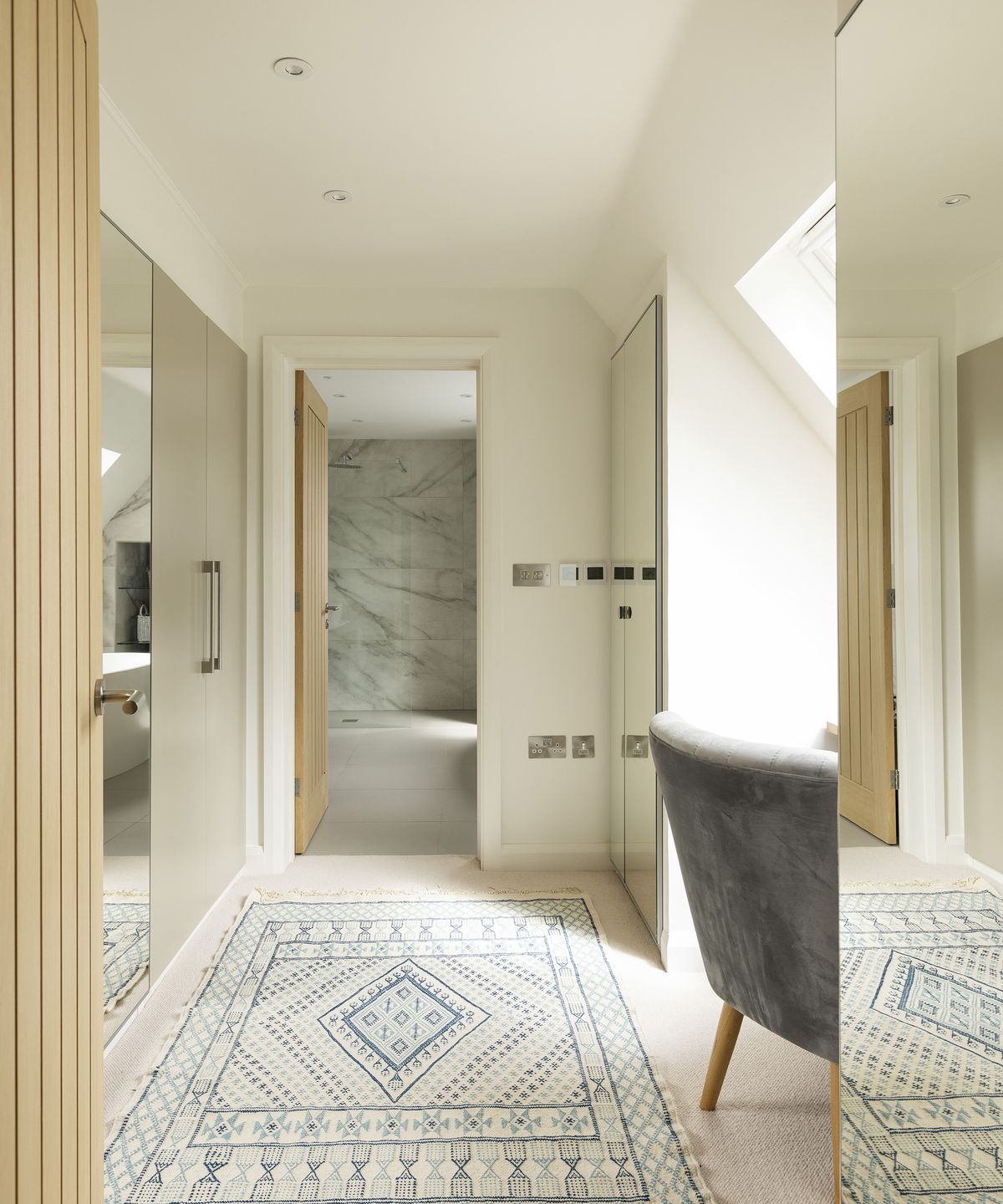 A "walk through" wardrobe area leading to a bathroom off a master bedroom