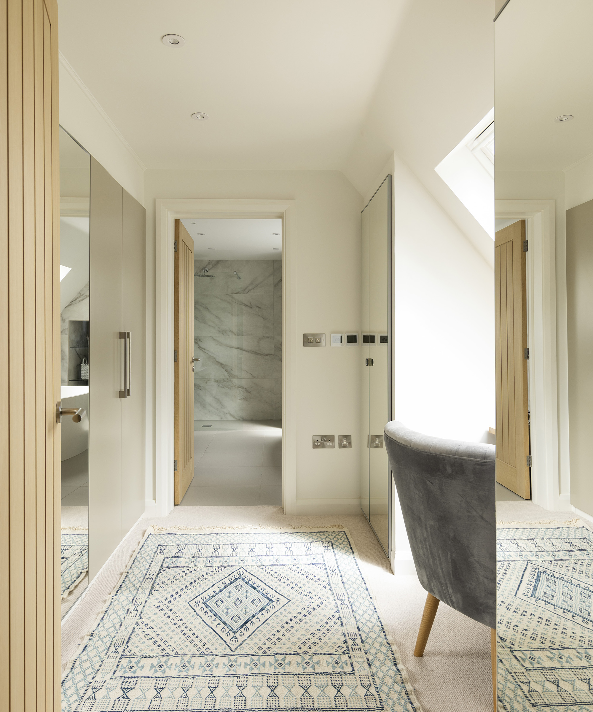 A "walk through" wardrobe area leading to a bathroom off a master bedroom