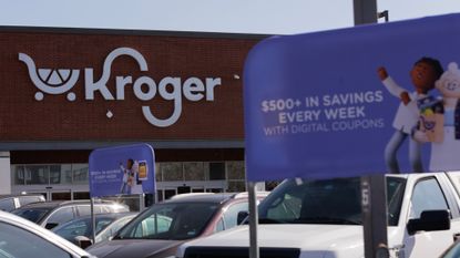 An exterior view of a Kroger grocery store in Dallas, Texas. 