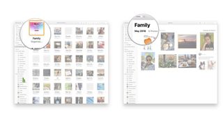 View Family album on Mac: Launch photos, Click shared albums, Select Family album