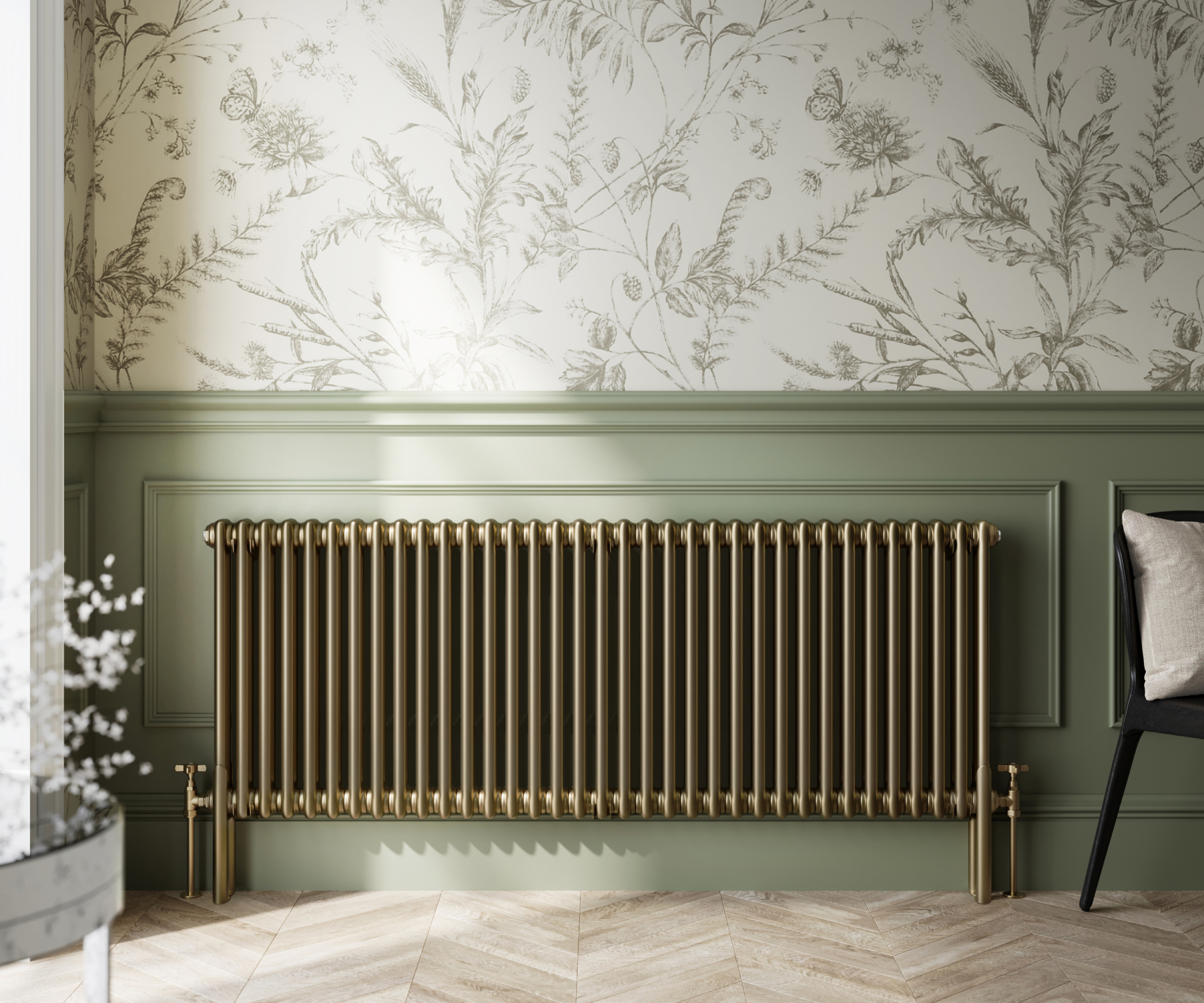 green column radiator on green panelled wall with green and white patterned wallpaper above
