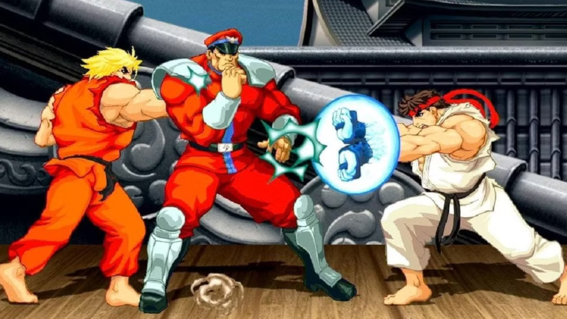 A screenshot of Ryu and Ken beating up Mr Bison in Street Fighter 2