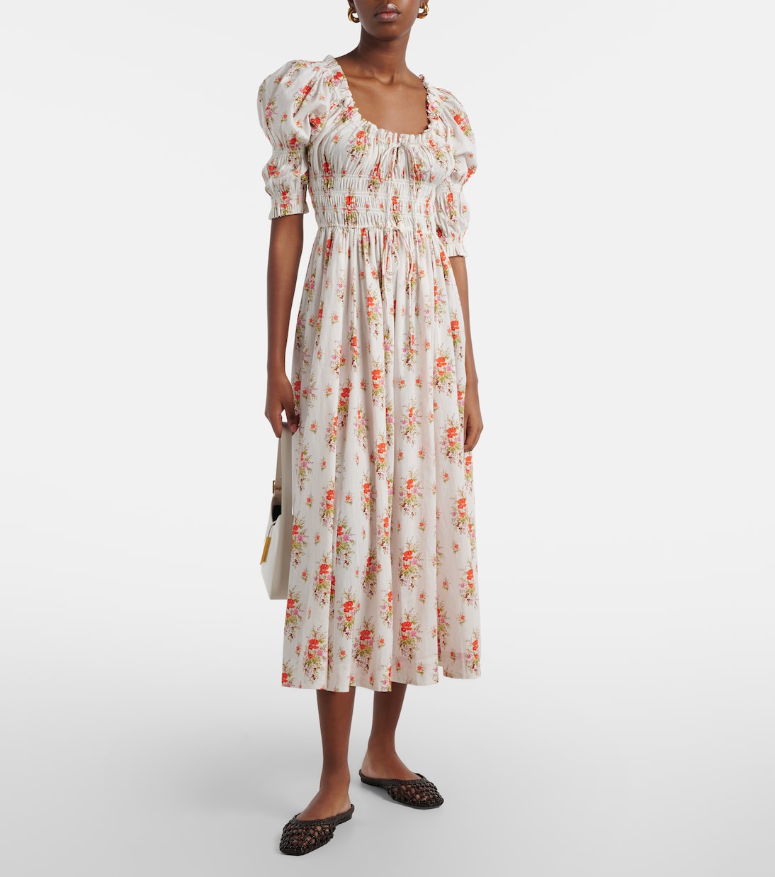 Ischia Gathered Floral Cotton Midi Dress