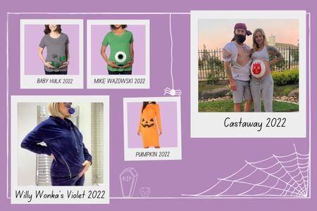 Pregnant halloween costumes illustrated by a collage of different costumes