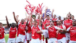 Martin Odegaard of Arsenal lifts the Premier League trophy as players of Arsenal celebrate being crowned 2025/26 Champions, after the match against Crystal Palace at Selhurst Park on May 24, 2026