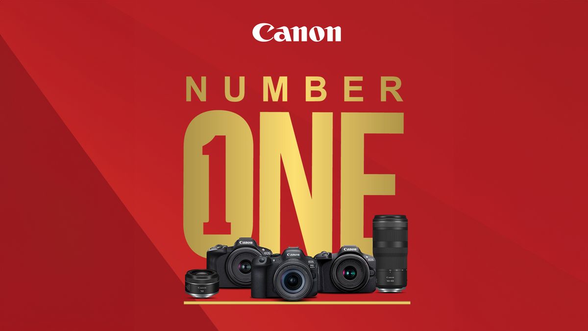 &#039;Canon Number One&#039; graphic showing range of Canon cameras and lenses on red background