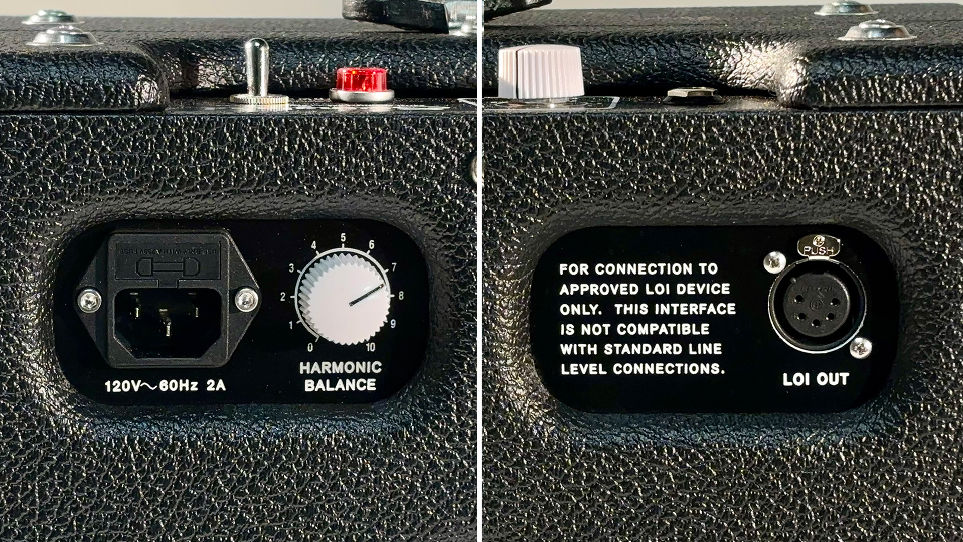 A composite photo showing the harmonic control and LOI on a Bartel Swingland 1x12 combo