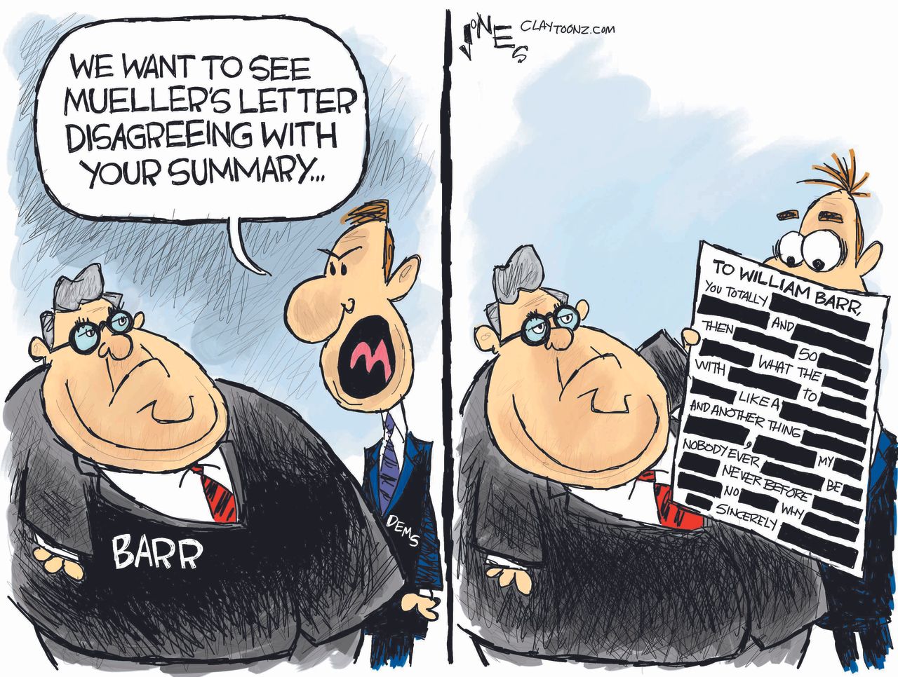 Political Cartoon U.S. Barr redacted Mueller letter